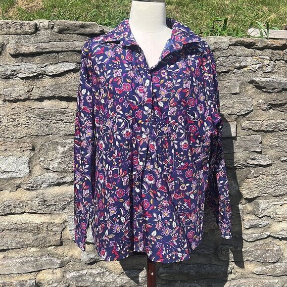 LANDS' End Navy Blue & Floral Casual Long Sleeve Button Down Top Size 18 T300 - Picture 1 of 6